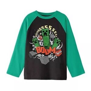 Minecraft Creeper Boom TNT Graphic T-Shirt Kids Green Black Size Large 14/16